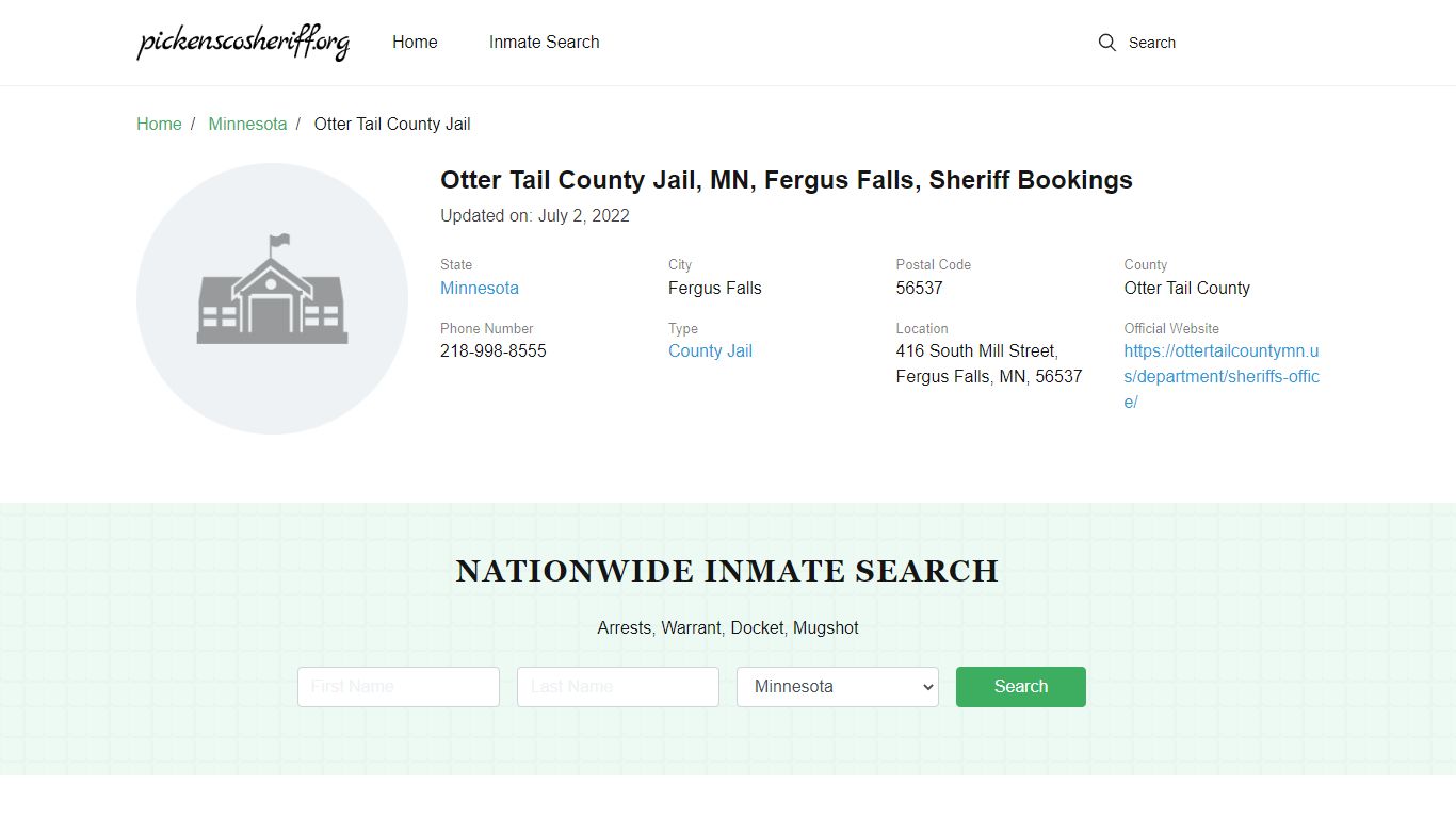 Otter Tail County Jail, MN, Fergus Falls, Sheriff Bookings